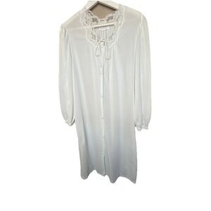 Miss Elaine White Lace Trim Nightgown Long Sleeve Button‎ Front Nightdress Union